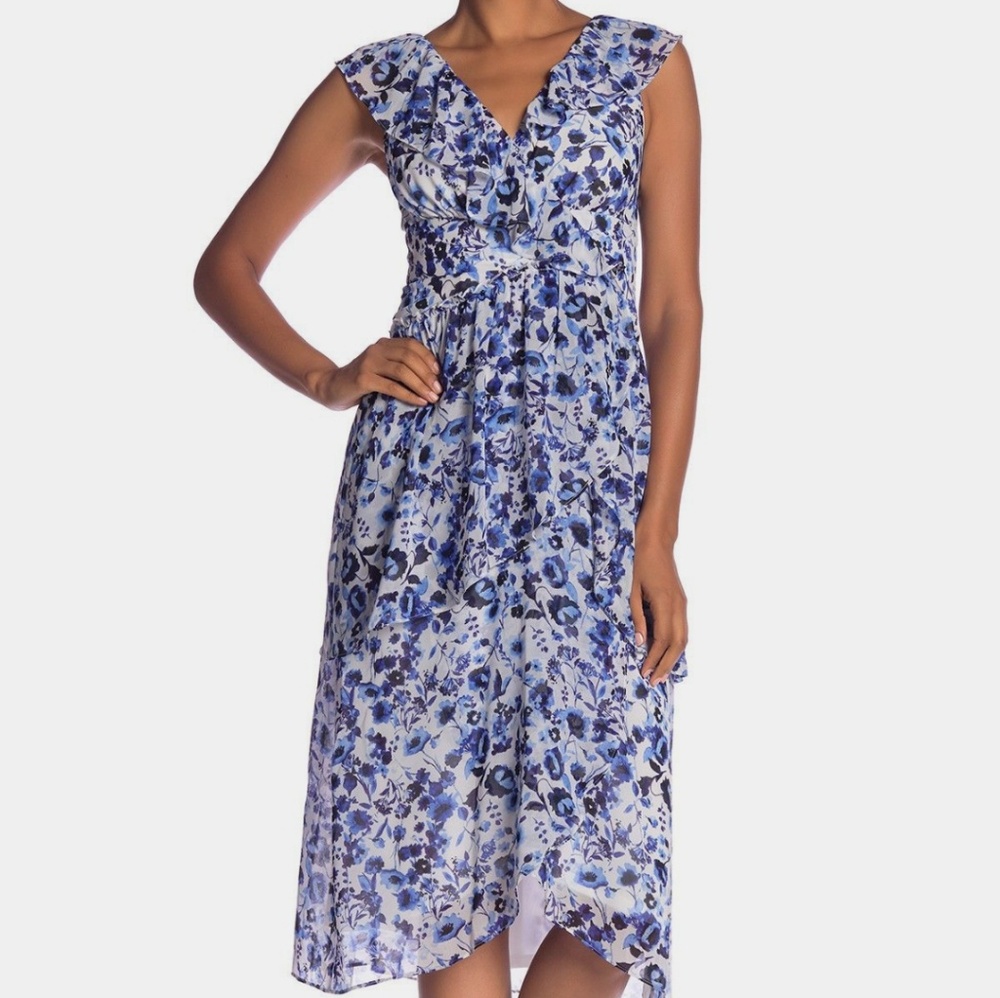RACHEL RACHEL ROY Boho Ruffle Neck Layered Blue White Floral Dress Size …